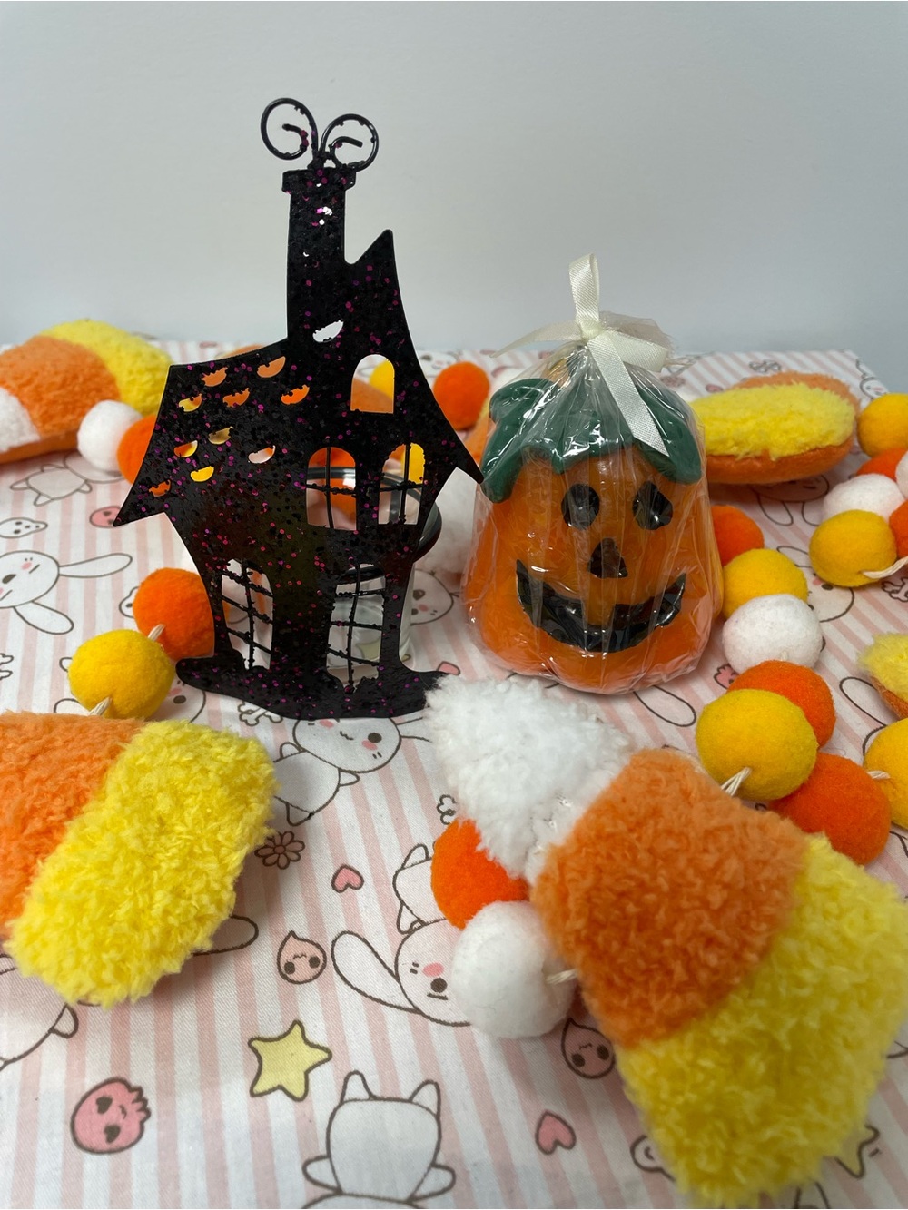 Halloween Lot Pumpkin Candle Candy Corn Garland Haunted House Candle Holder